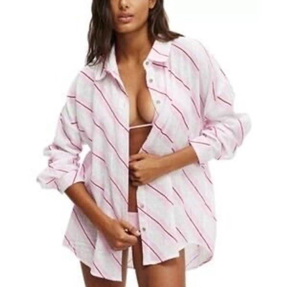 NWT Cotton On Essential Beach Shirt Womens Pink Striped Button Up Medium $39.99
